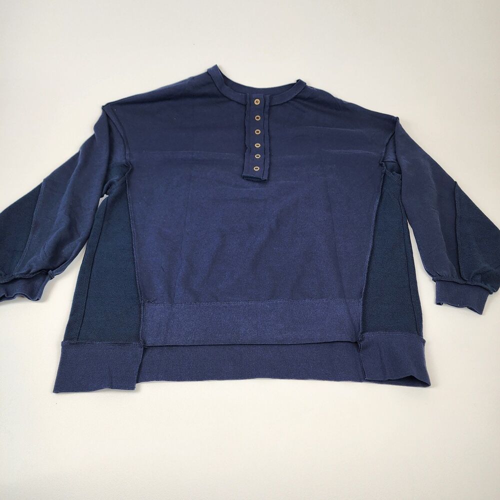 AlvaQ Henley Sweatshirt Women Medium Navy Blue Oversized Patchwork Top